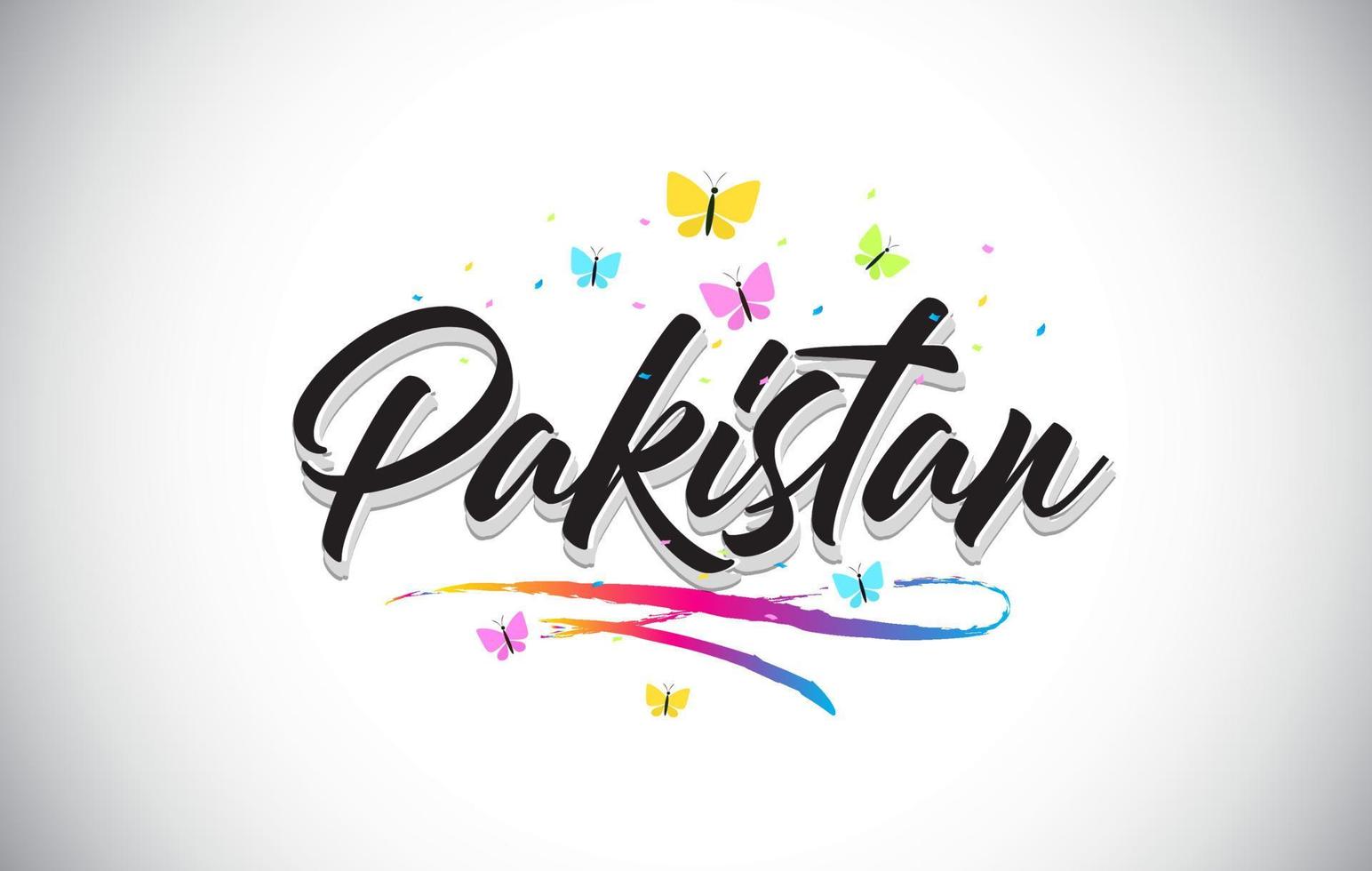 Pakistan Handwritten Vector Word Text with Butterflies and Colorful Swoosh.