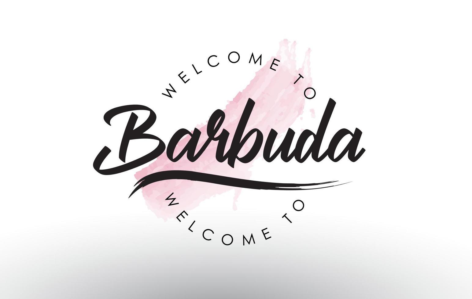 barbuda bienvenido al texto con pincelada rosa acuarela vector