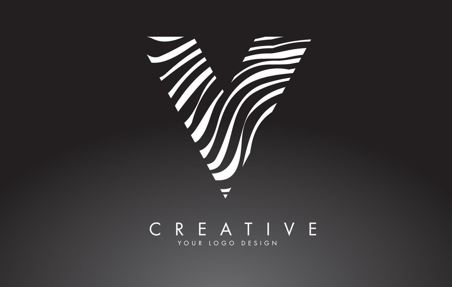 V Letter Logo Design with Fingerprint, black and white wood or Zebra texture on a Black Background. vector