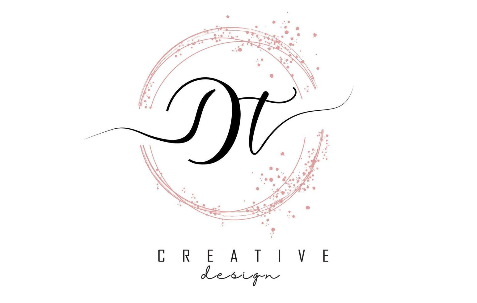 Handwritten DT D T letter logo with sparkling circles with pink glitter. vector