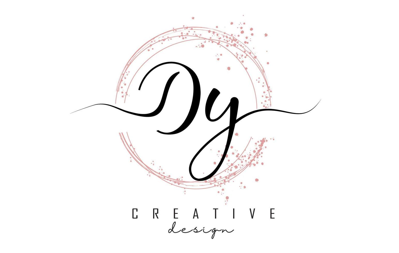 Handwritten Dy D y letter logo with sparkling circles with pink glitter. vector