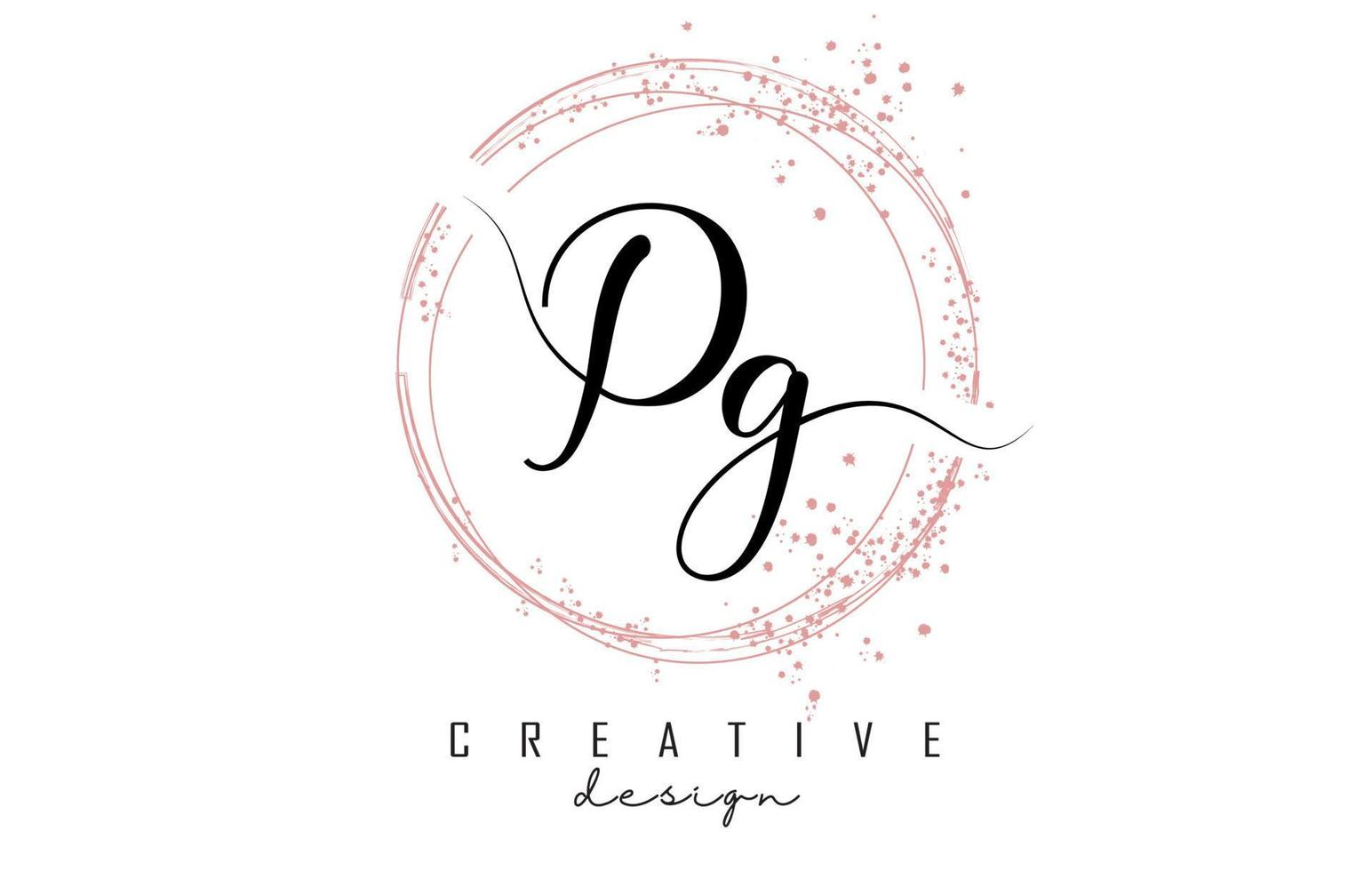 Handwritten Pg P g letter logo with sparkling circles with pink glitter. vector