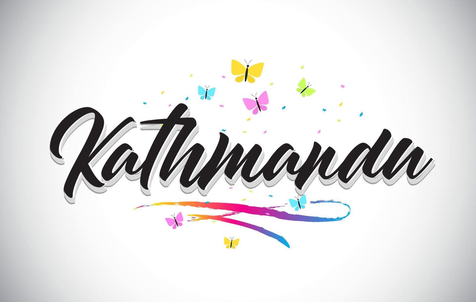 Kathmandu Handwritten Vector Word Text with Butterflies and Colorful Swoosh.