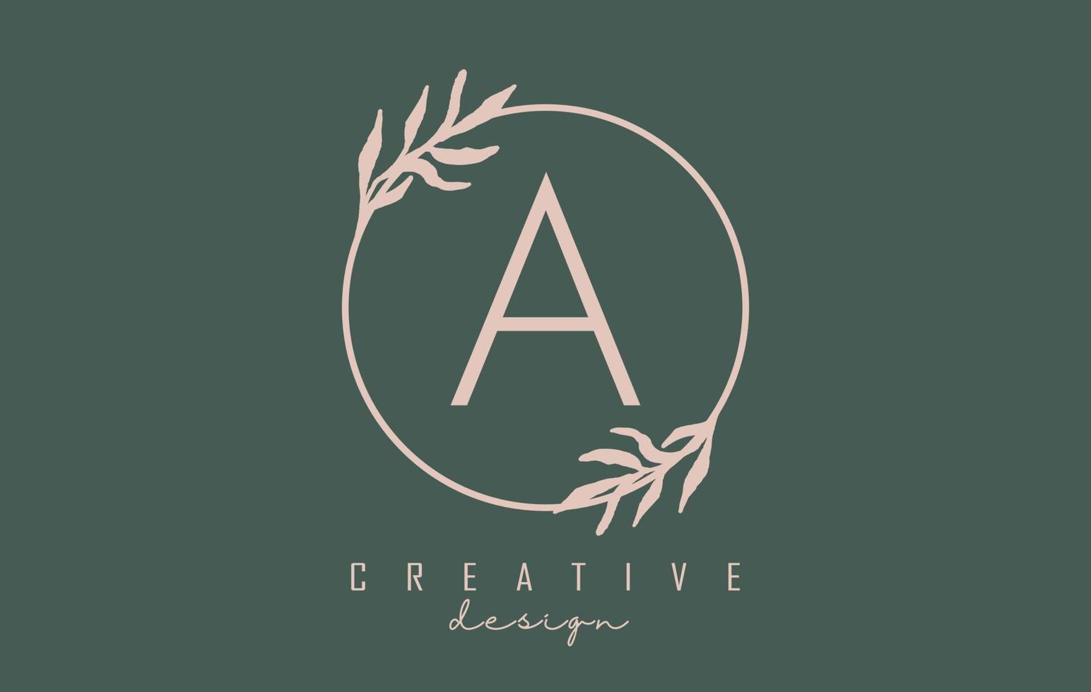 Letter A Logo with circle frame and pastel leaves design. Rounded vector illustration with letter A and pastel leaf.