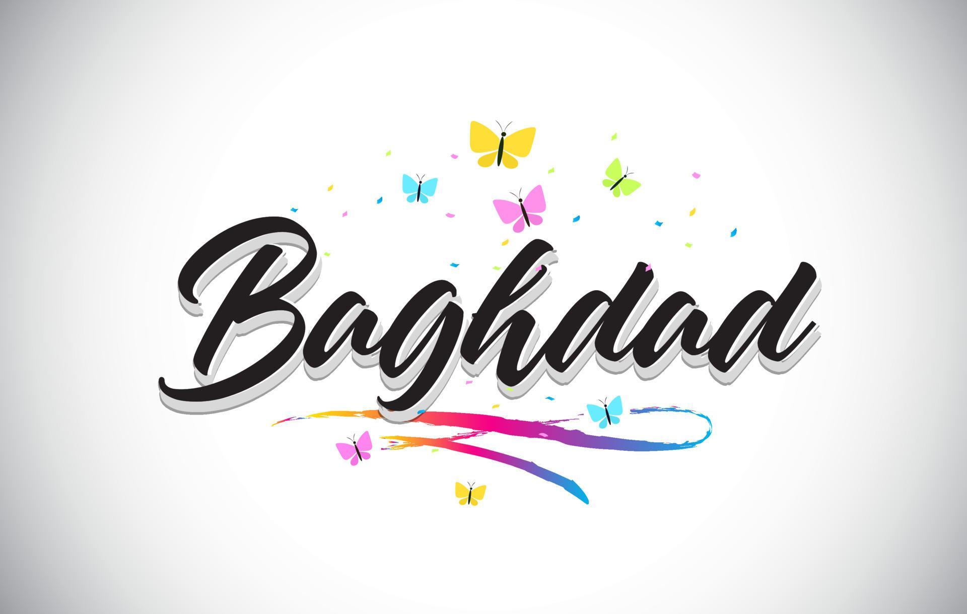 Baghdad Handwritten Vector Word Text with Butterflies and Colorful