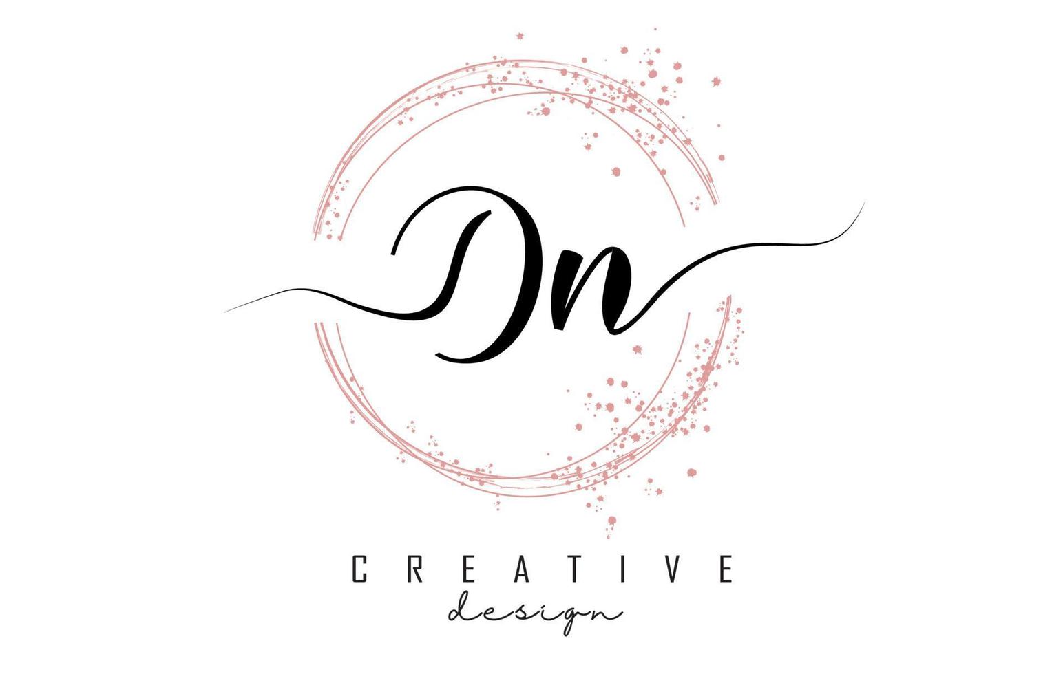 Handwritten Dn D n letter logo with sparkling circles with pink glitter. vector