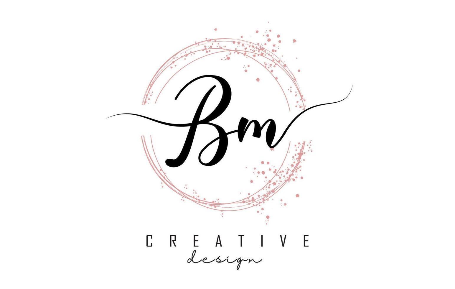 Handwritten BM B M letter logo with sparkling circles with pink glitter. vector