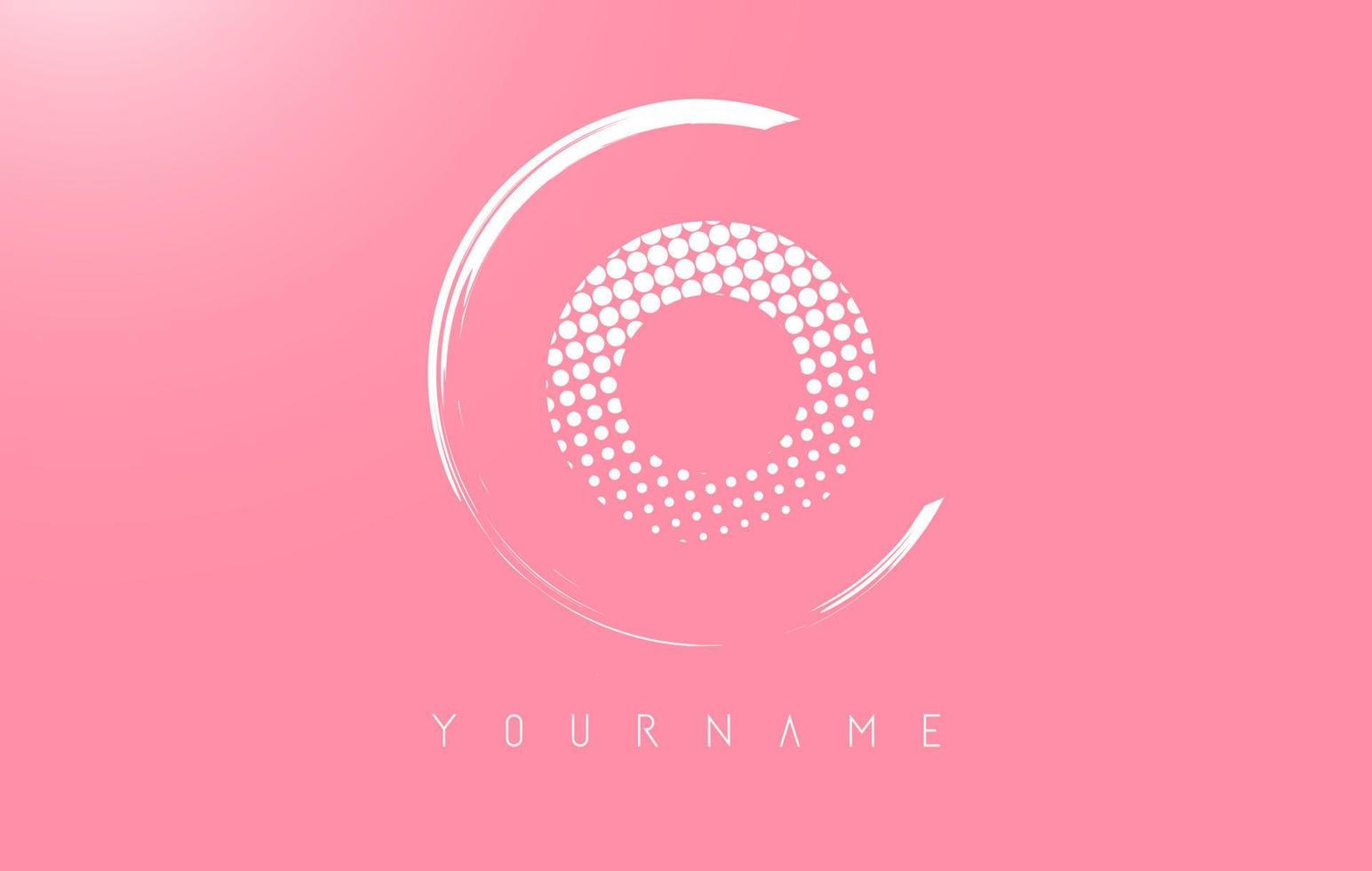 White O letter logo design with white dots and white circle frame on pink background. vector