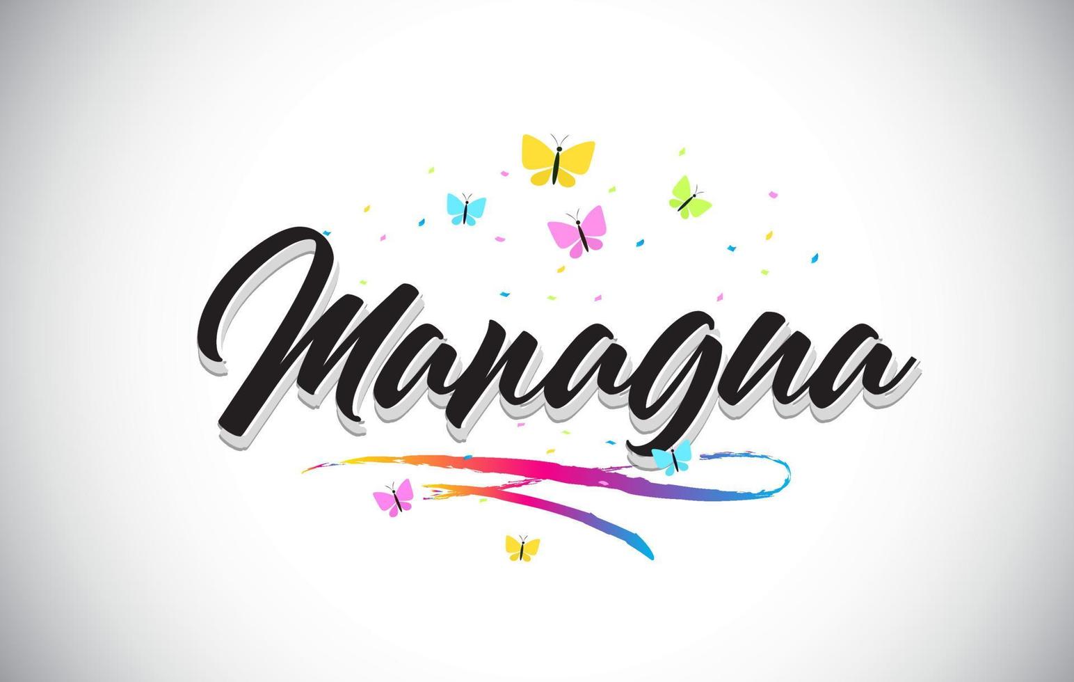 Managua Handwritten Vector Word Text with Butterflies and Colorful Swoosh.