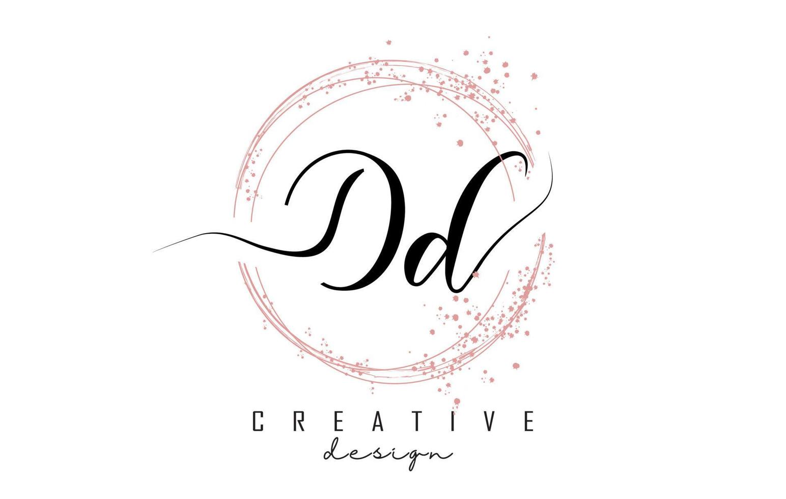 Handwritten Dd D d letter logo with sparkling circles with pink glitter. vector