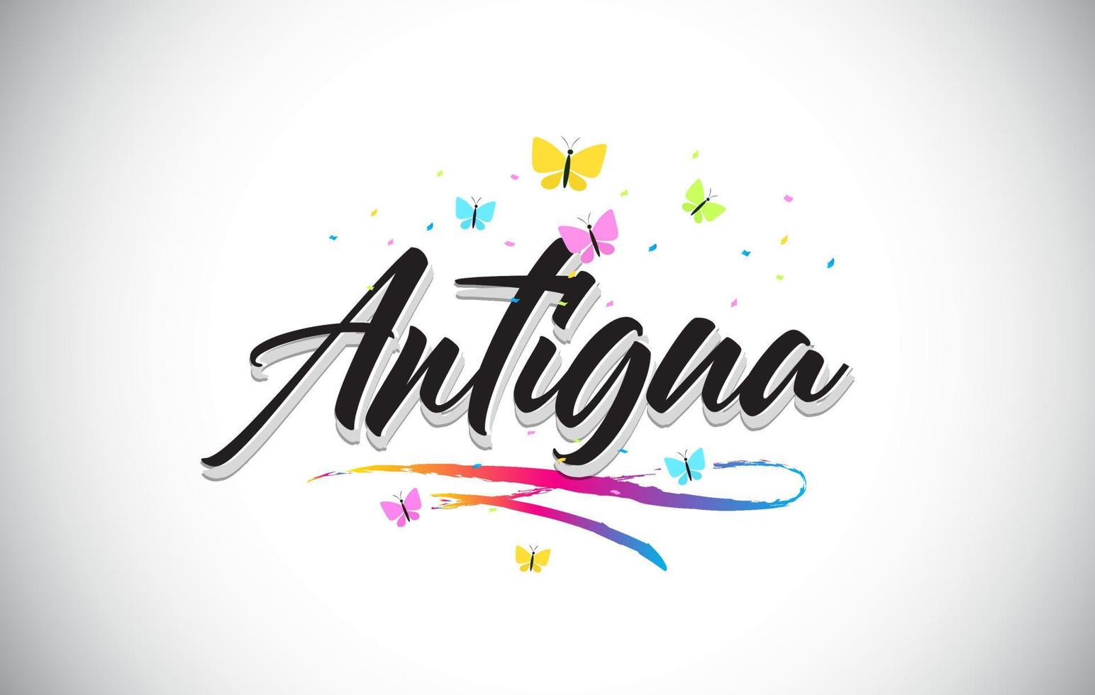 Antigua Handwritten Vector Word Text with Butterflies and Colorful Swoosh.