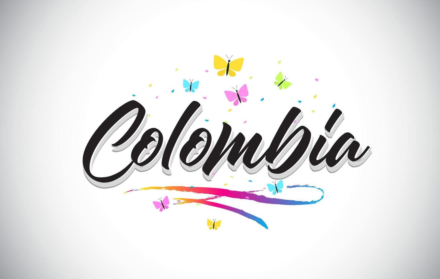 Colombia Handwritten Vector Word Text with Butterflies and Colorful Swoosh.