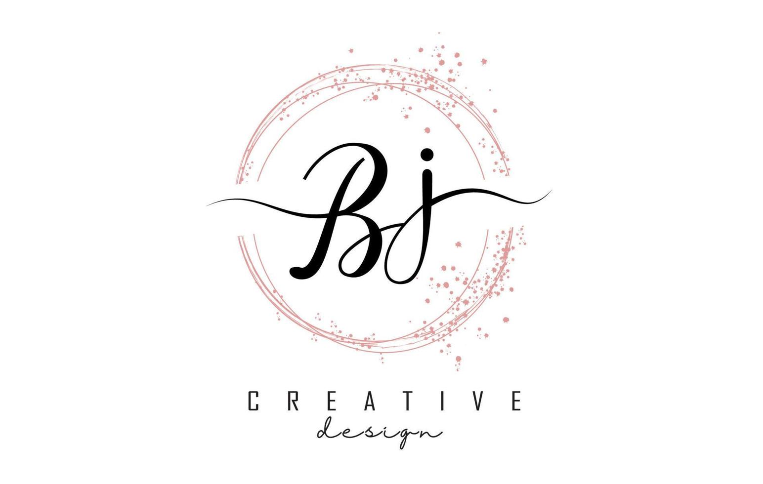 Handwritten Bj B j letter logo with sparkling circles with pink glitter. vector
