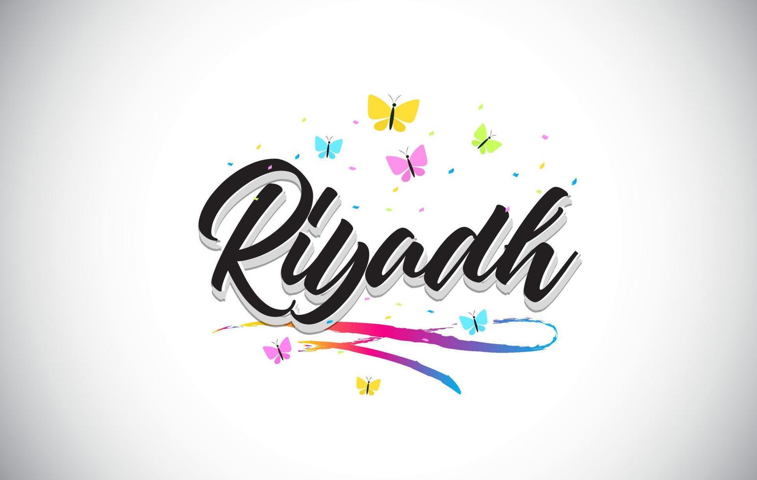 Riyadh Handwritten Vector Word Text with Butterflies and Colorful Swoosh.