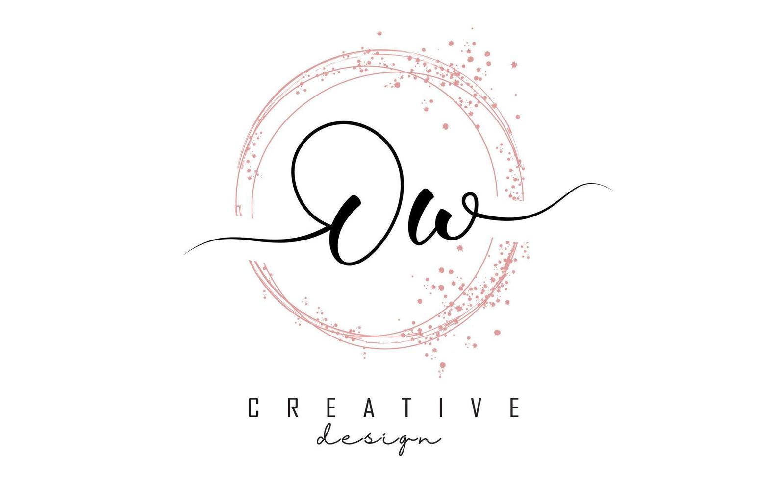 Handwritten Ow O w letter logo with sparkling circles with pink glitter. vector