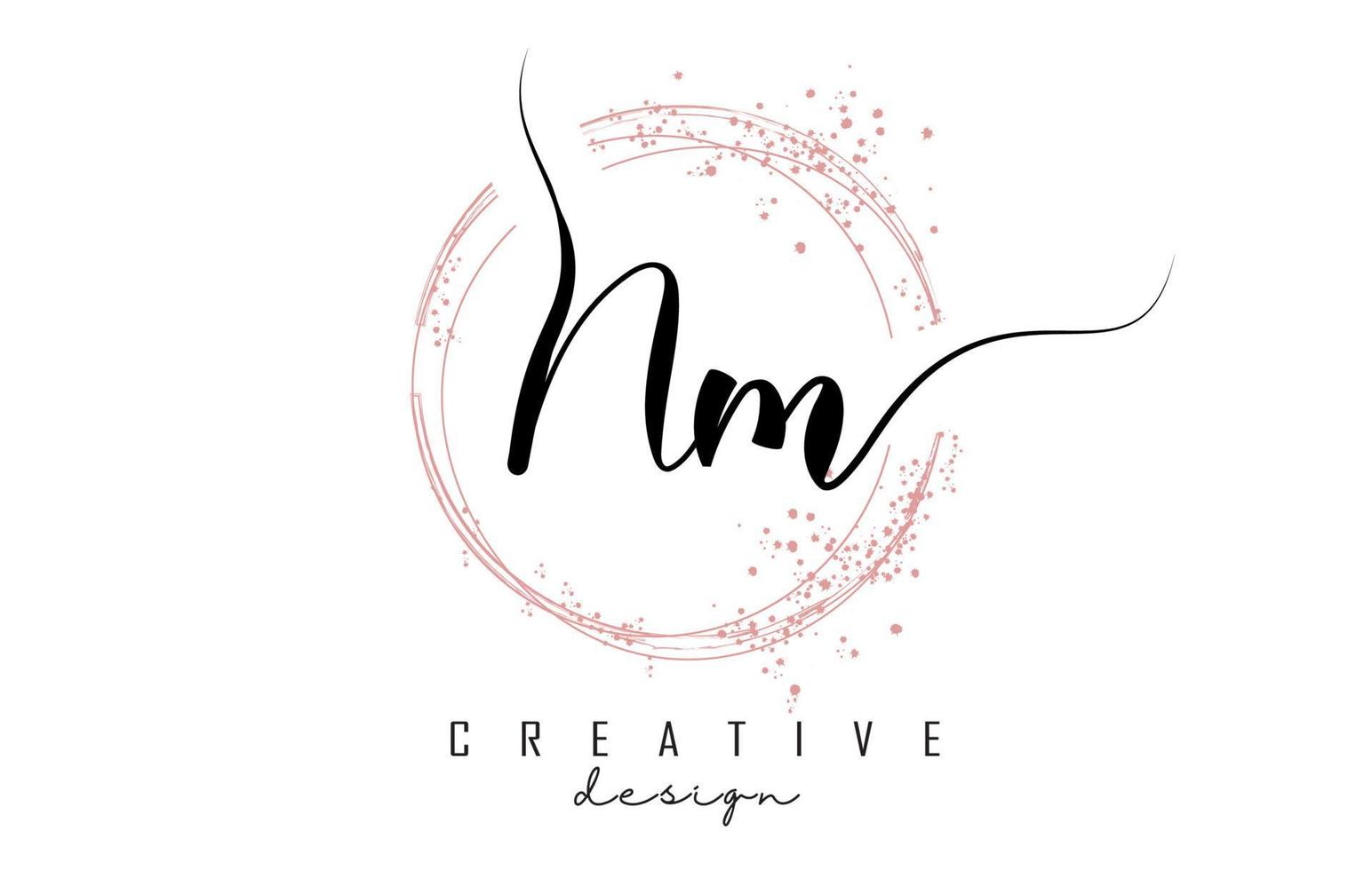 Handwritten NM N M letter logo with sparkling circles with pink glitter. vector