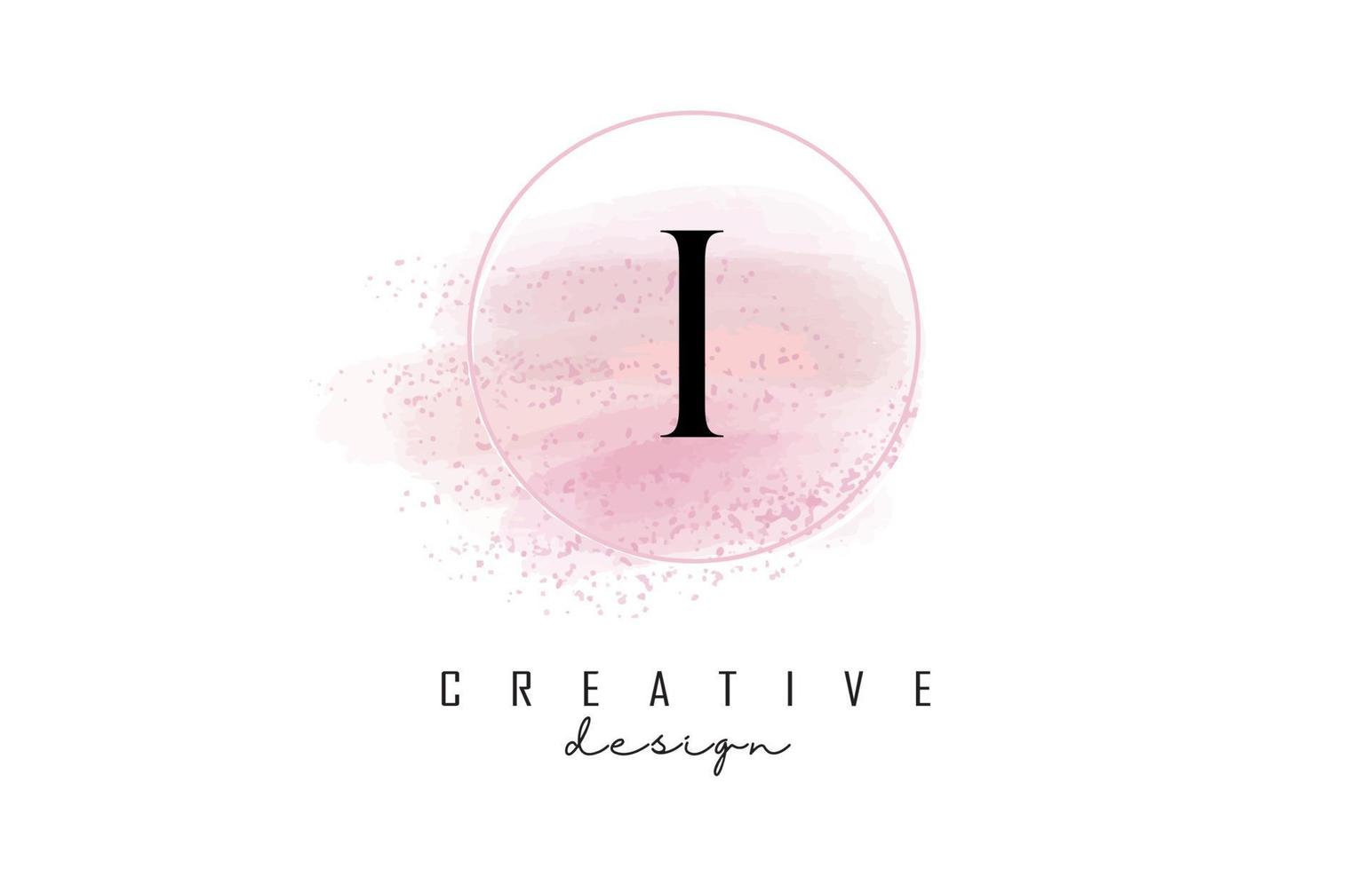 I letter logo design with glittery round frame and pink watercolor background. vector