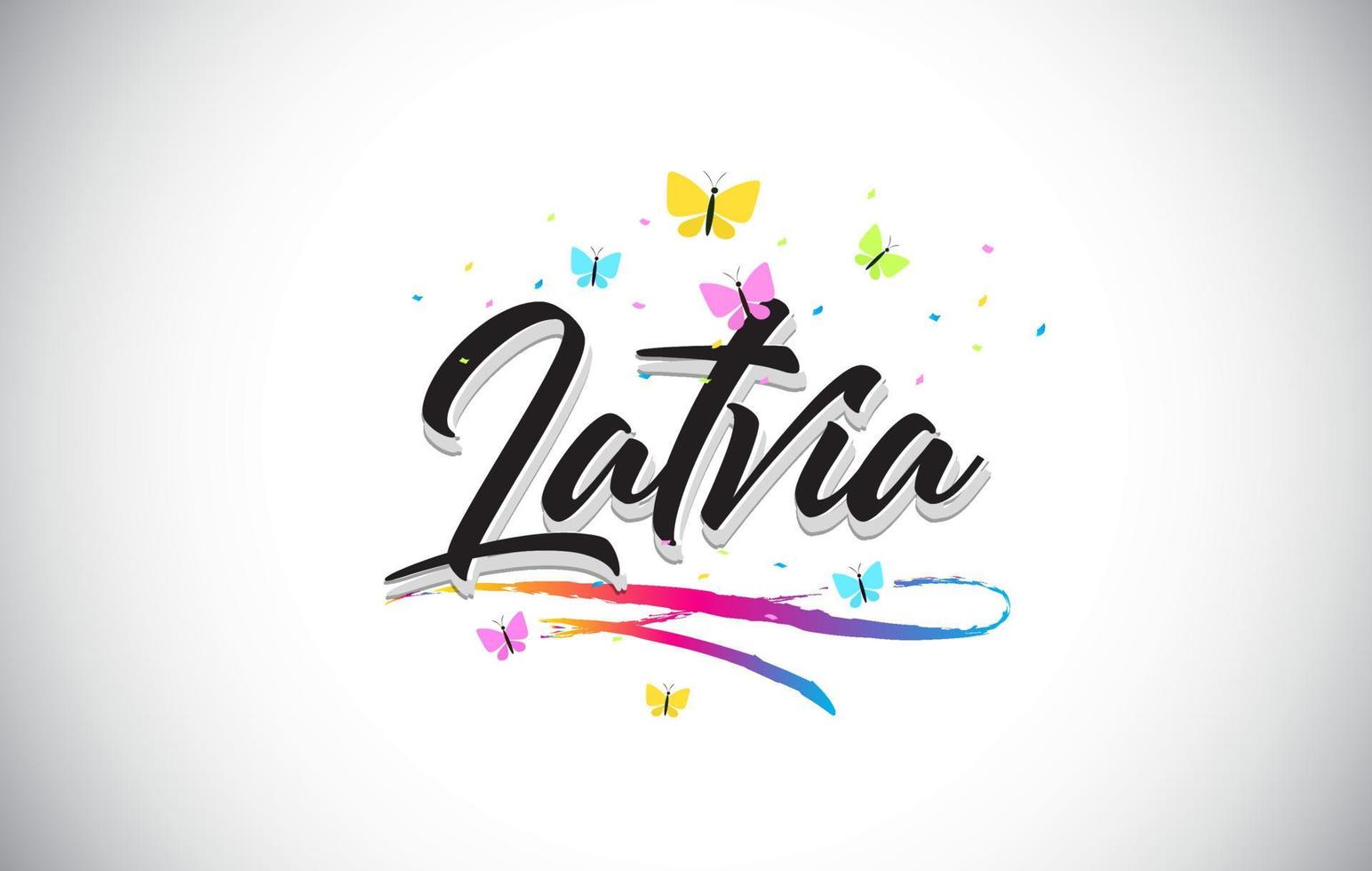 Latvia Handwritten Vector Word Text with Butterflies and Colorful Swoosh.