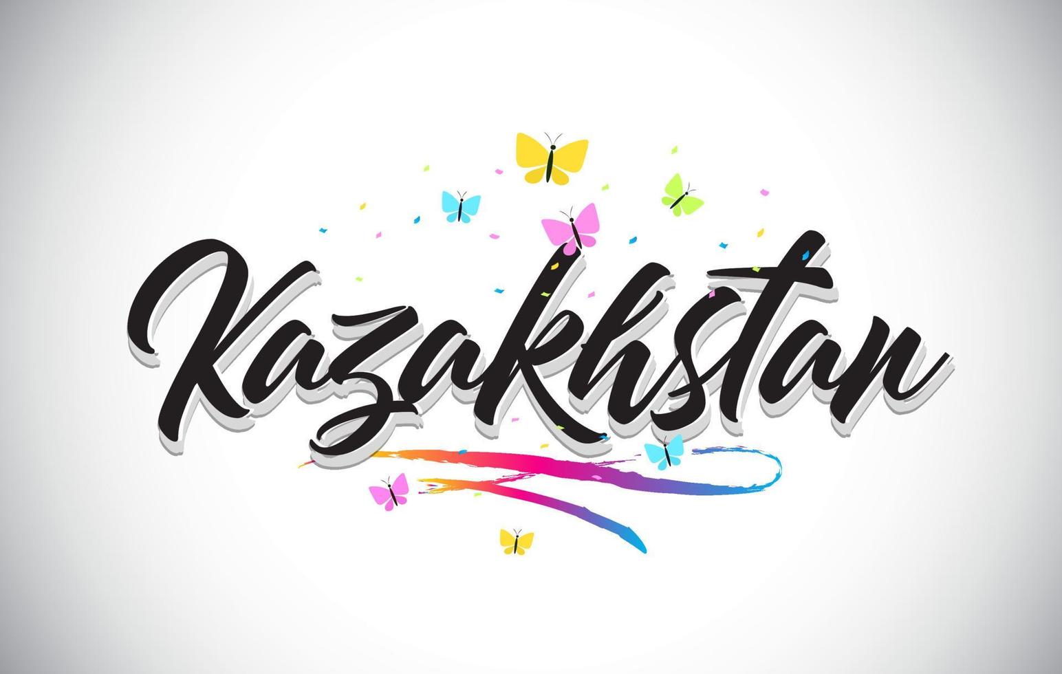 Kazakhstan Handwritten Vector Word Text with Butterflies and Colorful Swoosh.