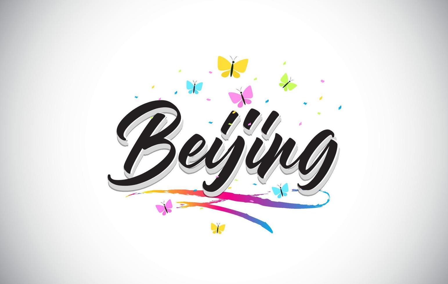 Beijing Handwritten Vector Word Text with Butterflies and Colorful Swoosh.