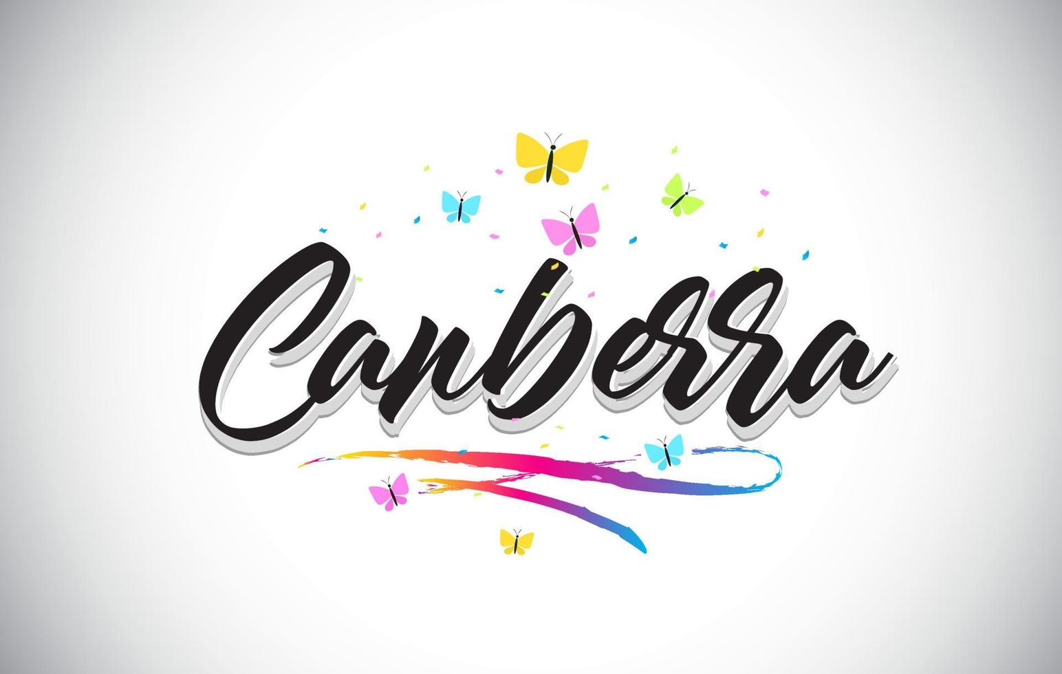 Canberra Handwritten Vector Word Text with Butterflies and Colorful Swoosh.
