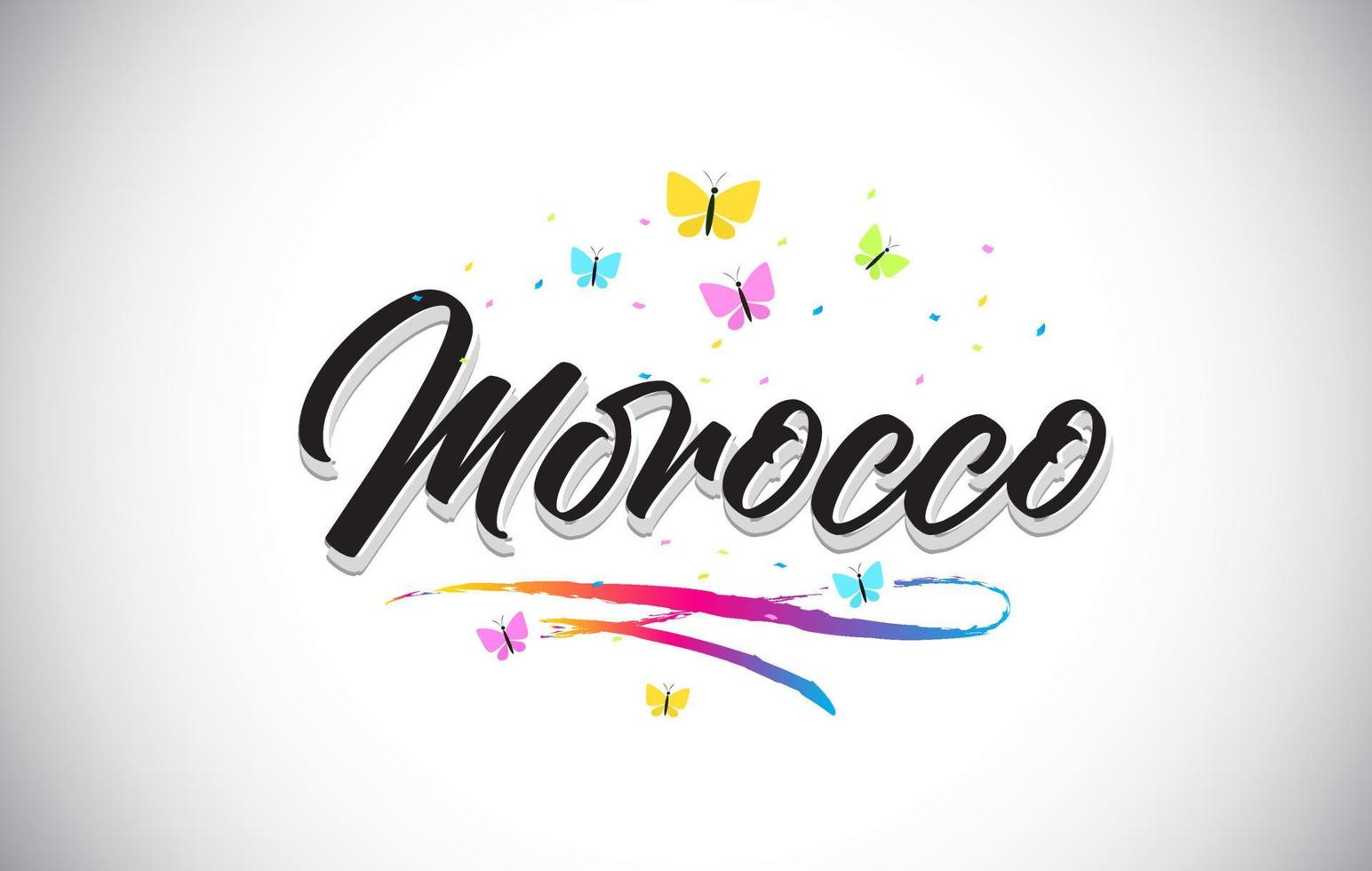 Morocco Handwritten Vector Word Text with Butterflies and Colorful Swoosh.