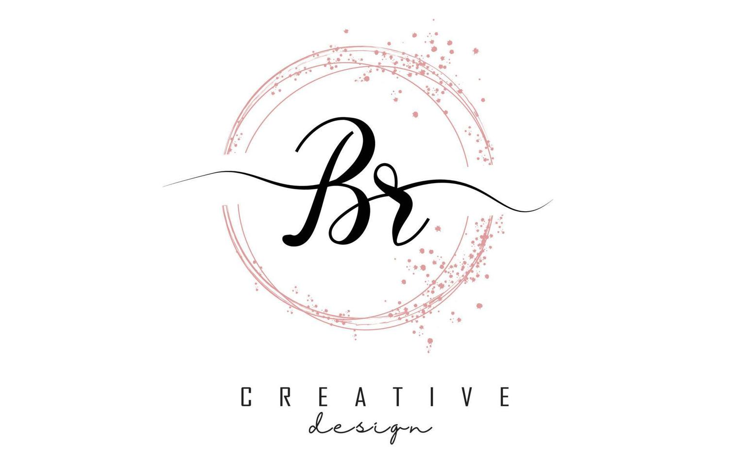 Handwritten BR B R letter logo with sparkling circles with pink glitter. vector