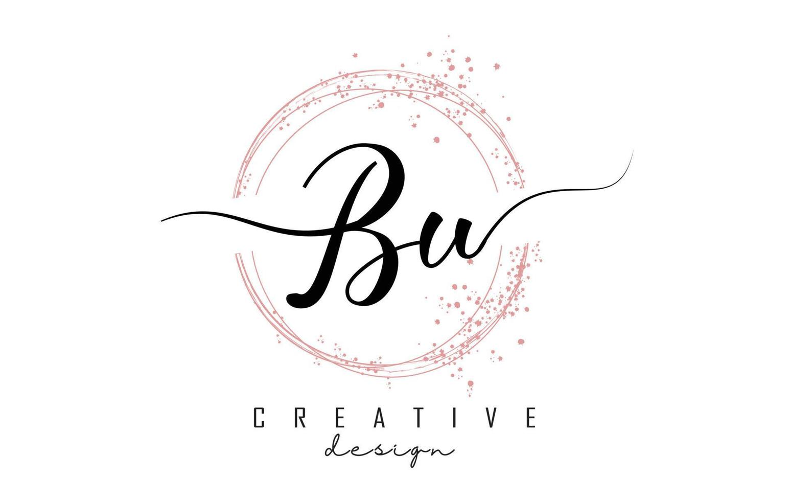 Handwritten BU B U letter logo with sparkling circles with pink glitter. vector