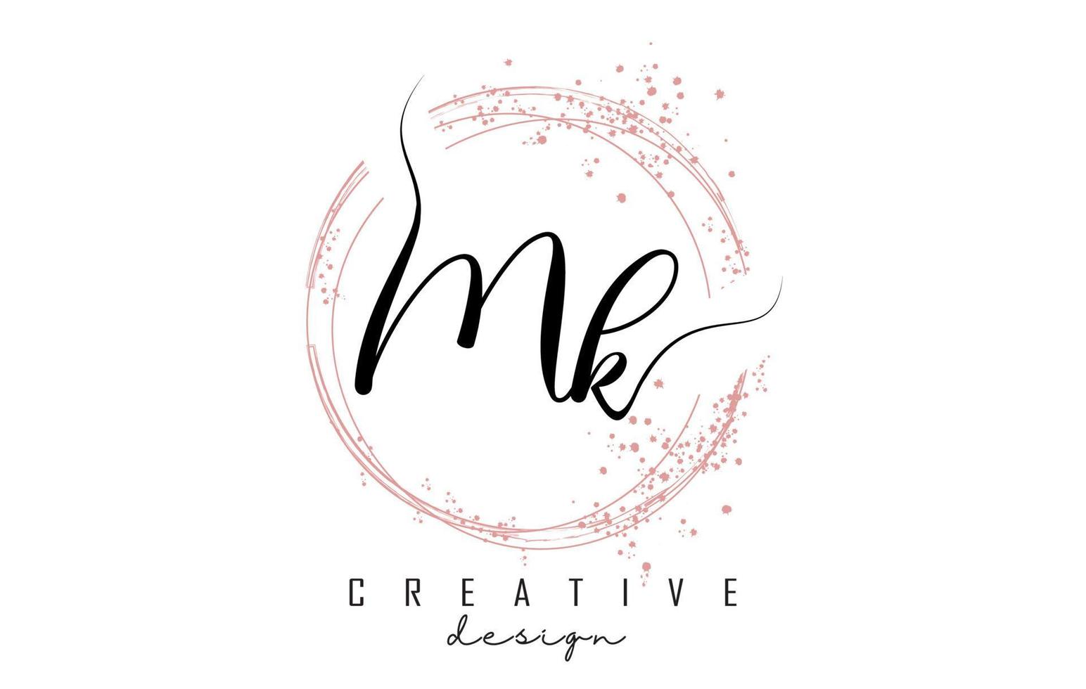 Handwritten MK M K letter logo with sparkling circles with pink glitter. vector