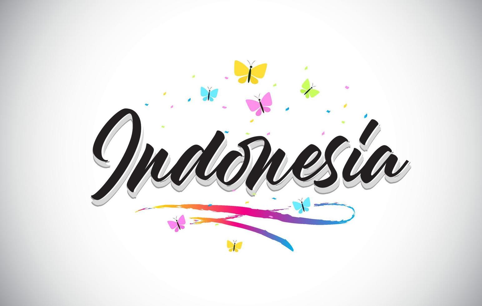 Indonesia texto manuscrito de la palabra del vector con las mariposas y el swoosh colorido.