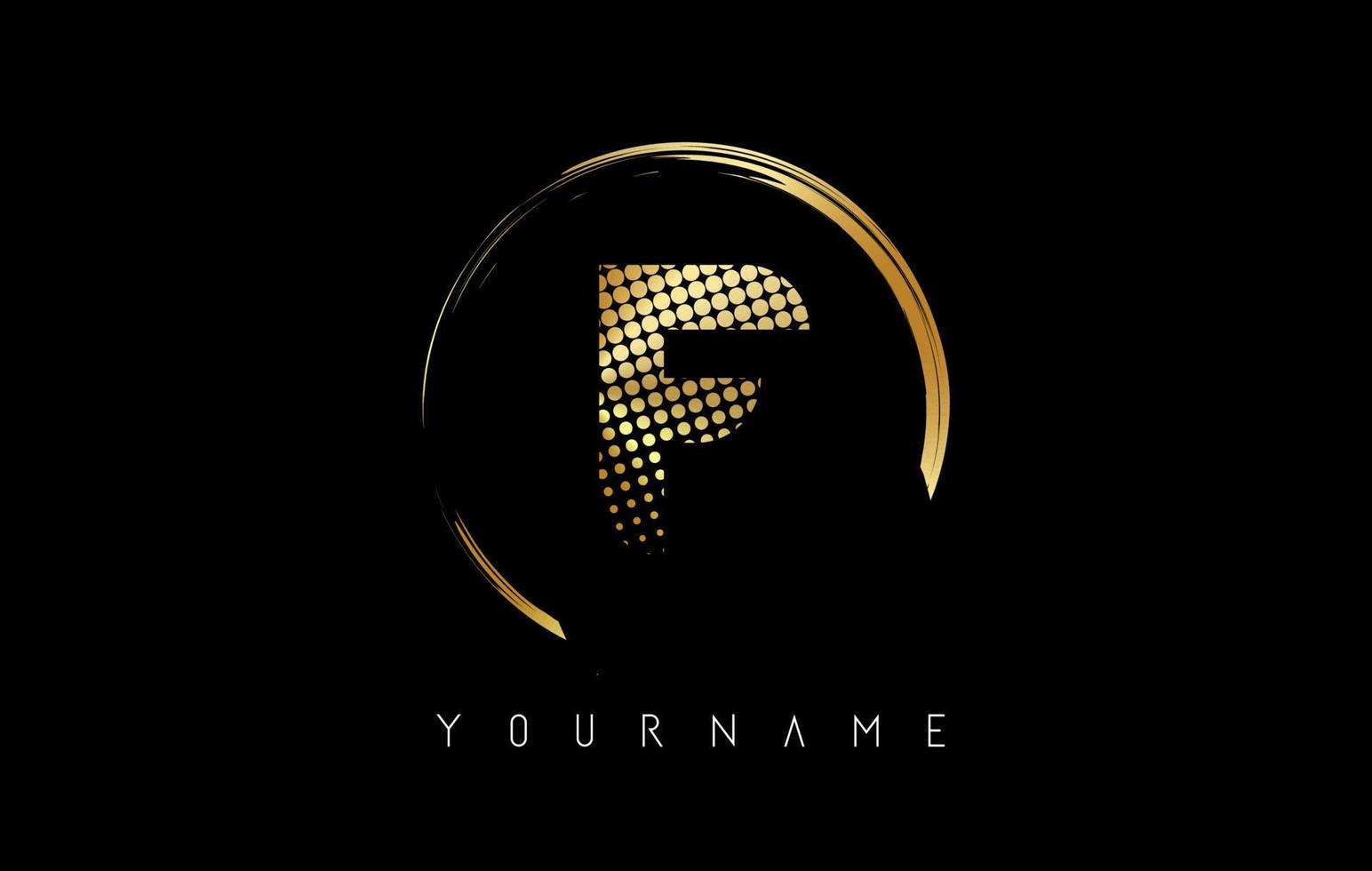 Golden F letter logo design with golden dots and circle frame on black background. vector