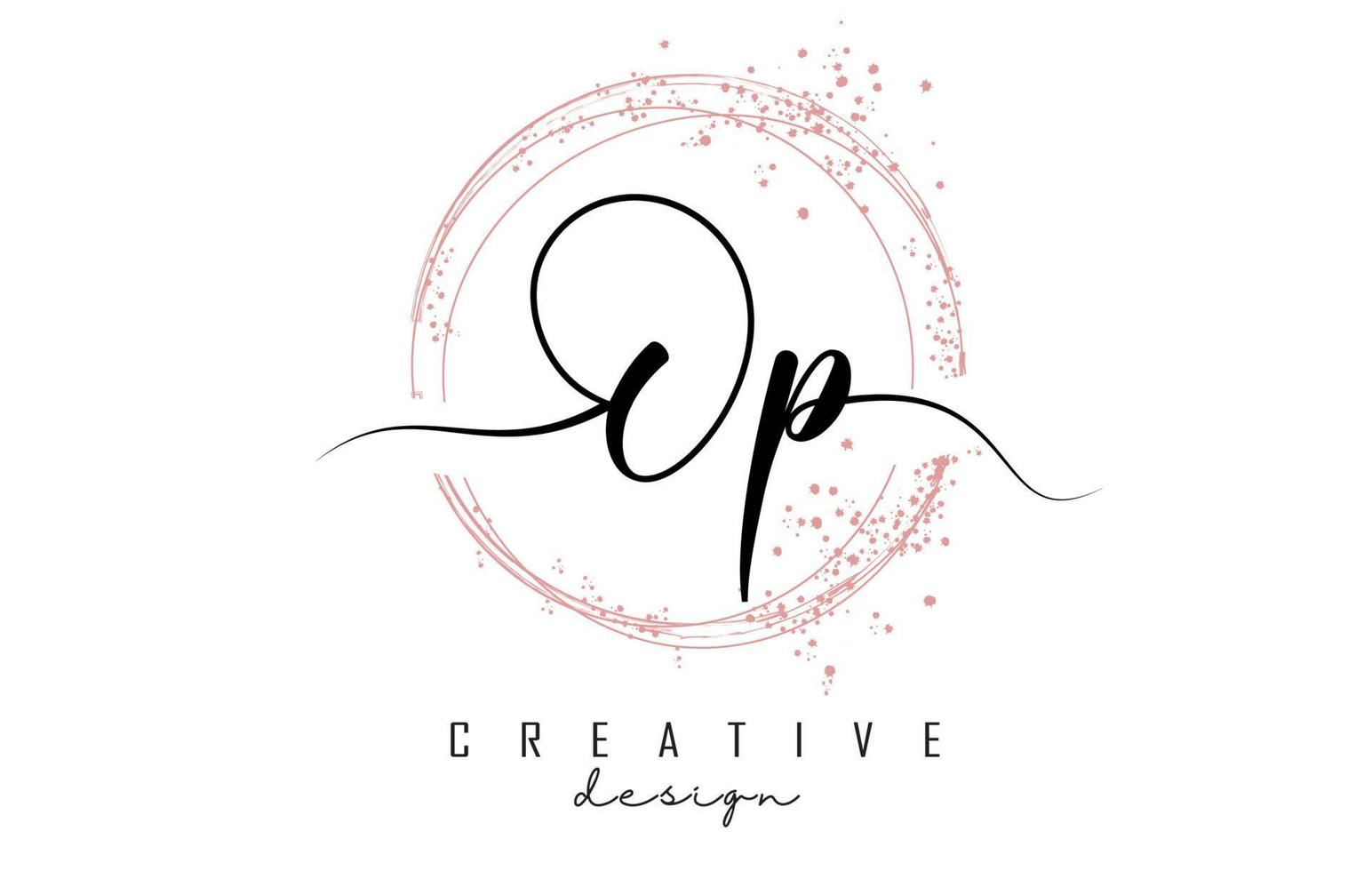 Handwritten Op O p letter logo with sparkling circles with pink glitter. vector