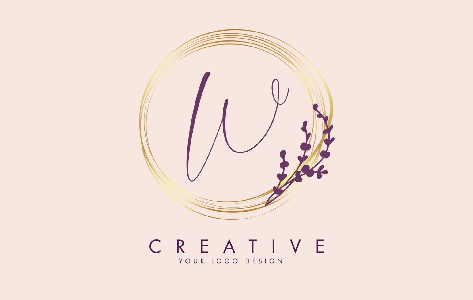 Handwritten W Letter logo design with golden circles and purple leaves on branches around. Vector Illustration with W letter.