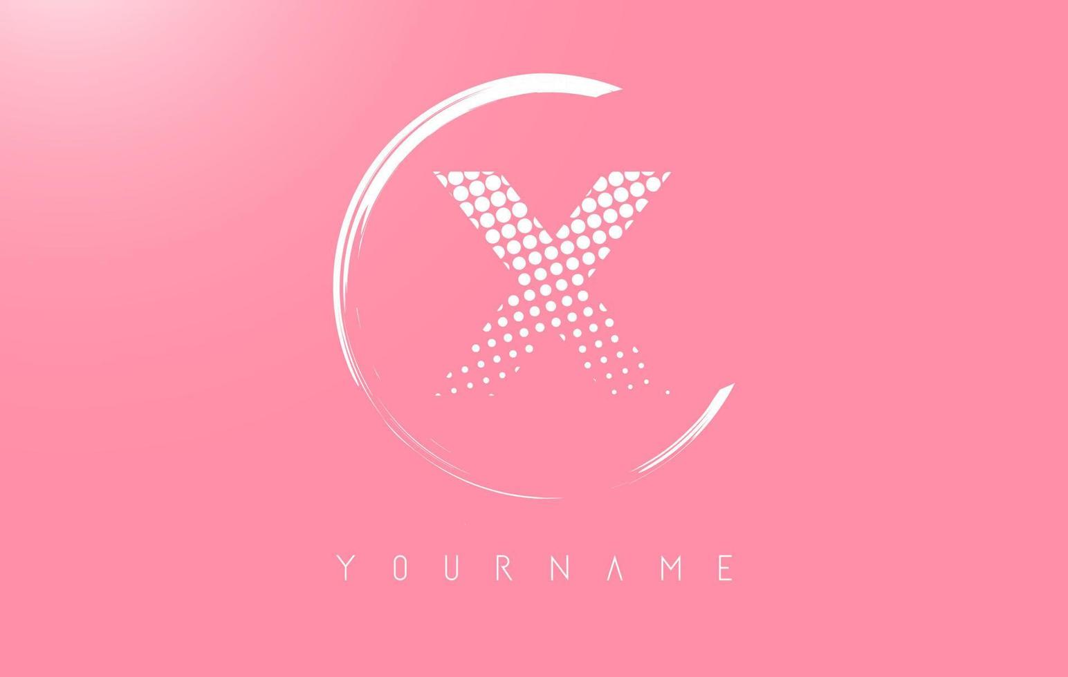 White X letter logo design with white dots and white circle frame on pink background. vector