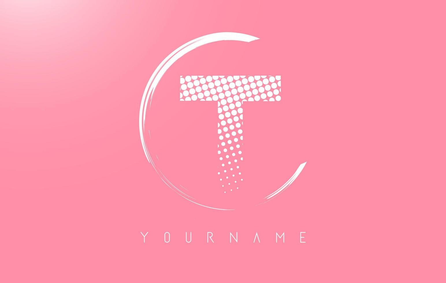 White T letter logo design with white dots and white circle frame on pink background. vector