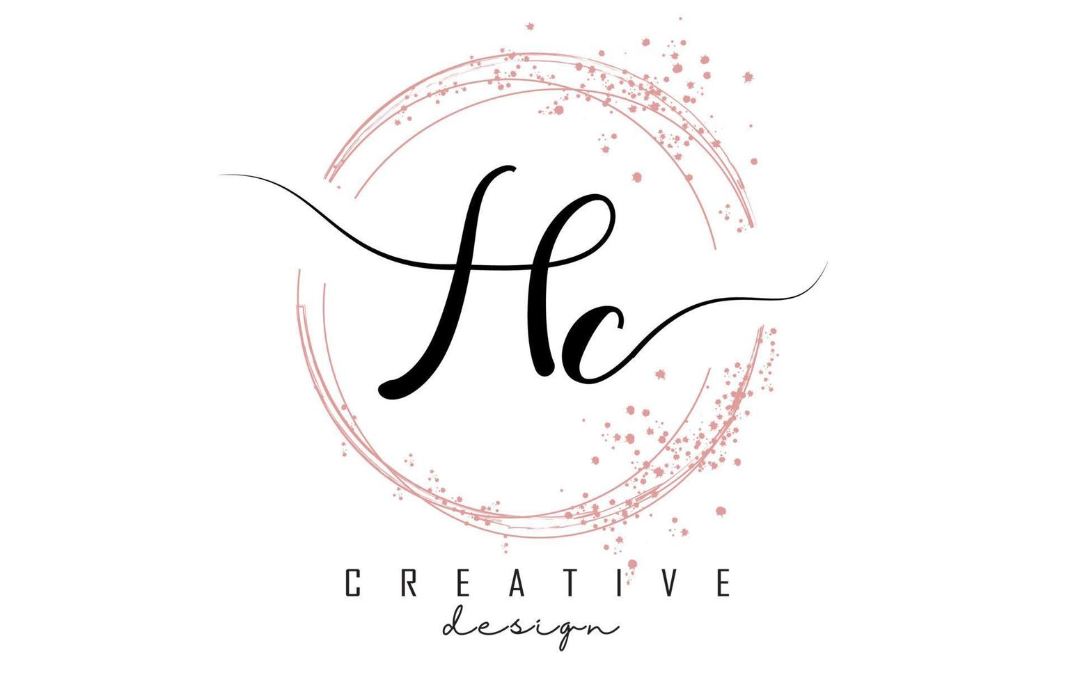 Handwritten HC H C letter logo with sparkling circles with pink glitter. vector
