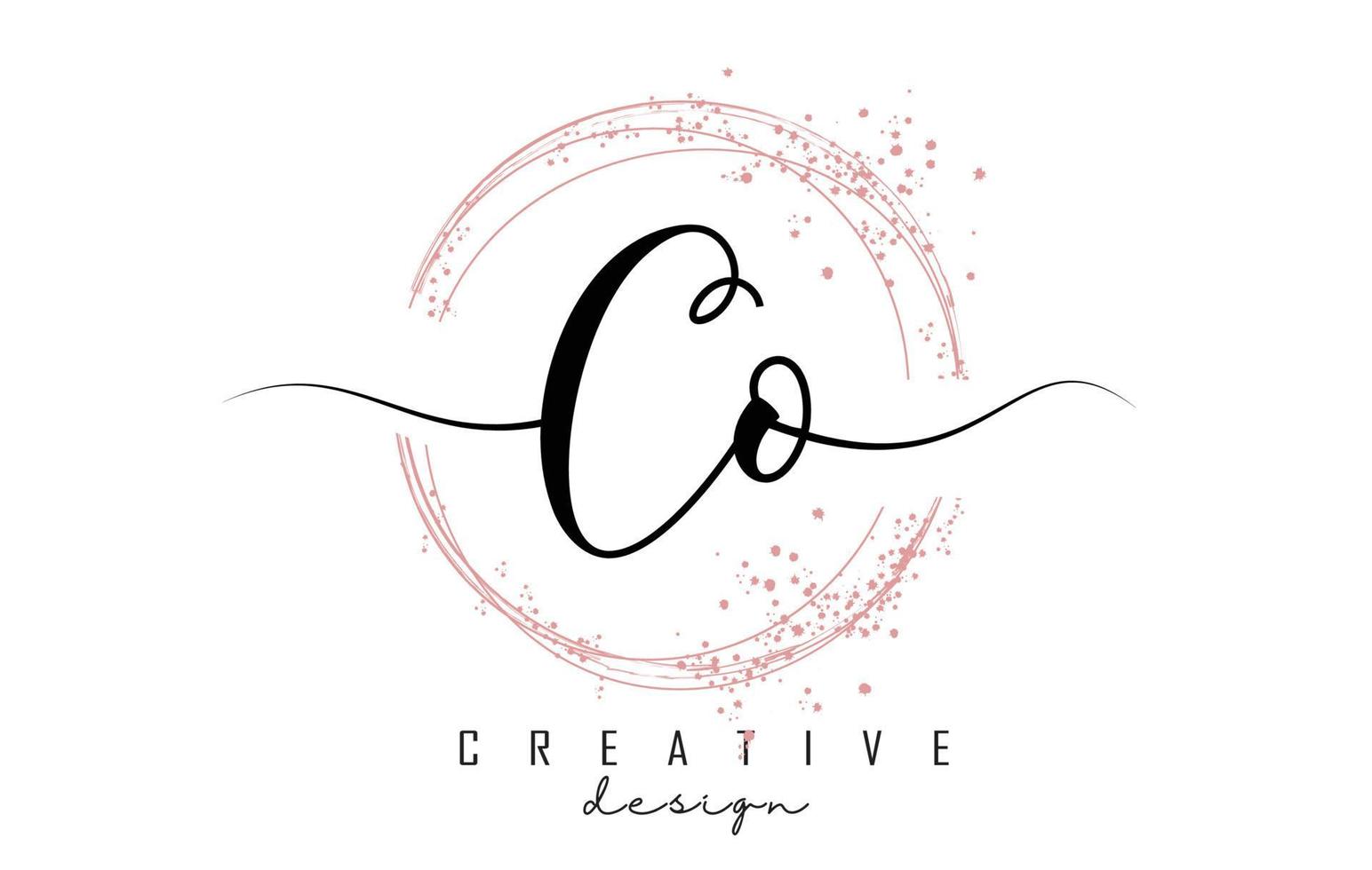 Handwritten Co C o letter logo with sparkling circles with pink glitter. vector