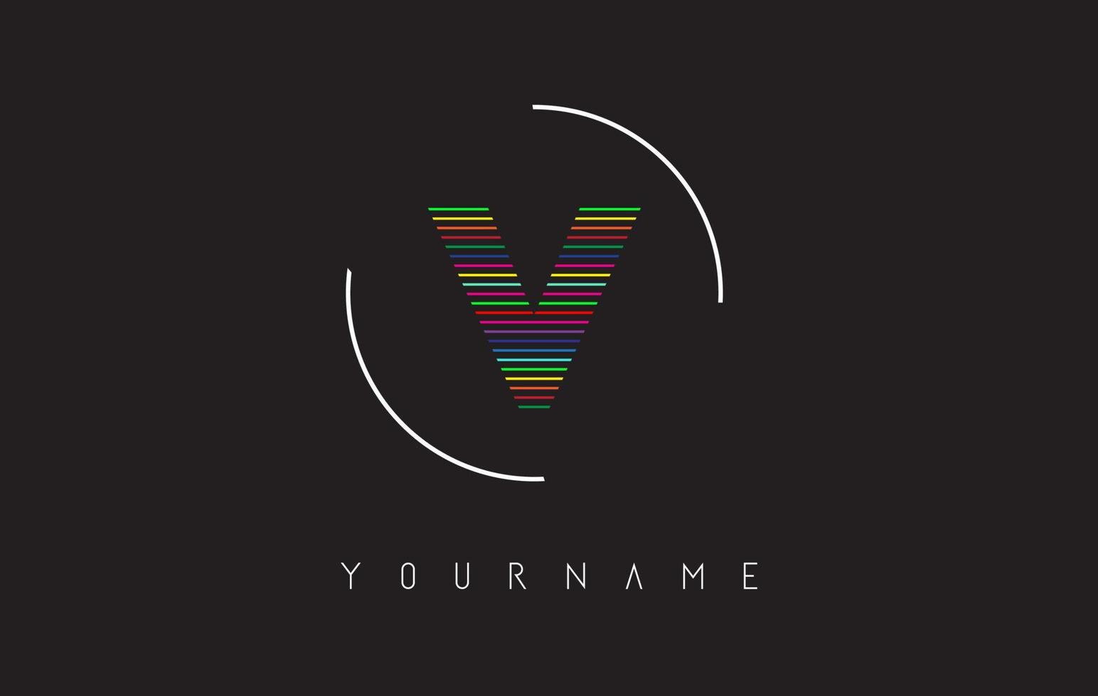 V Letter logo design with bright and bold rainbow lines and rounded frame. vector