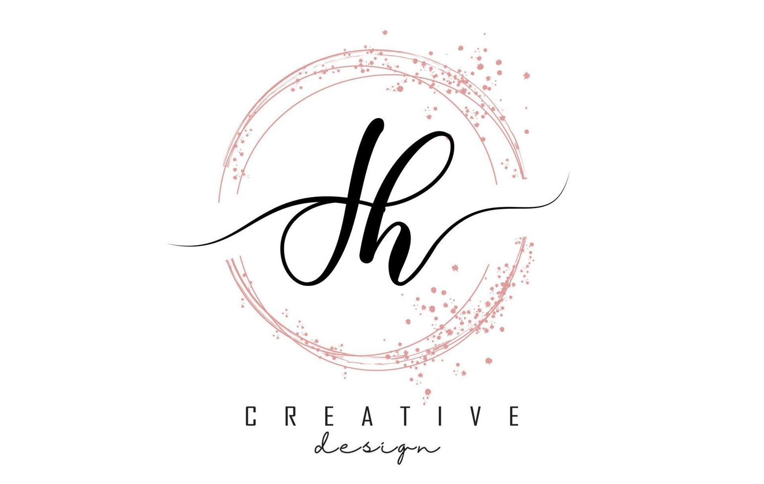 Handwritten JH J H letter logo with sparkling circles with pink glitter. vector