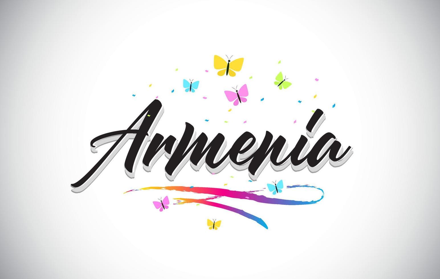 Armenia Handwritten Vector Word Text with Butterflies and Colorful Swoosh.