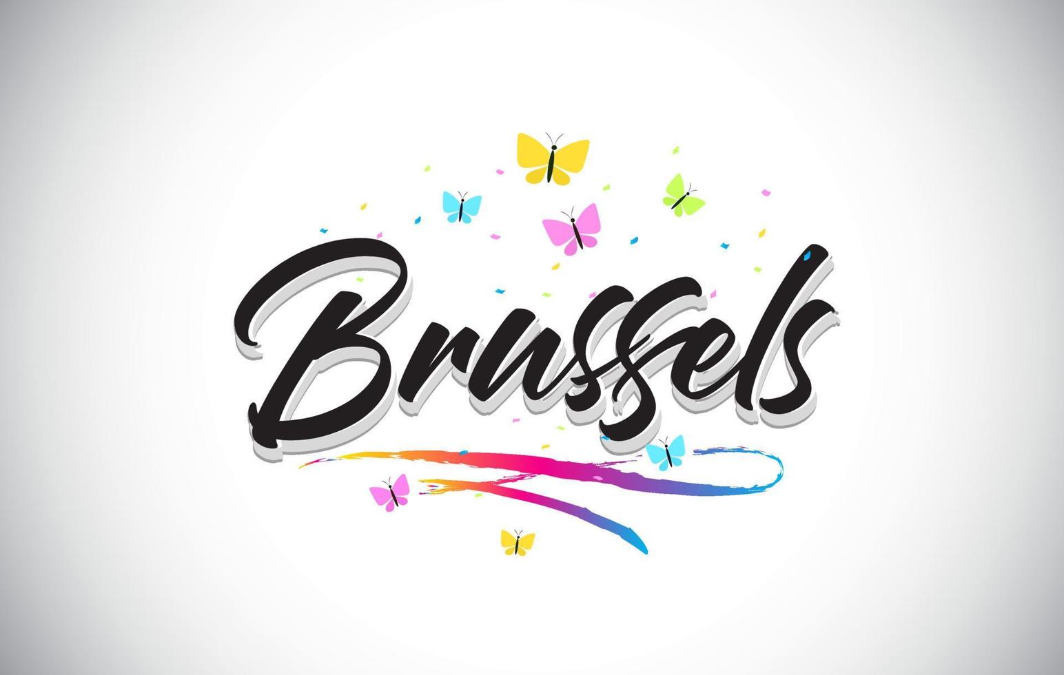 Bruselas texto manuscrito de word de vector con mariposas y colorido swoosh.