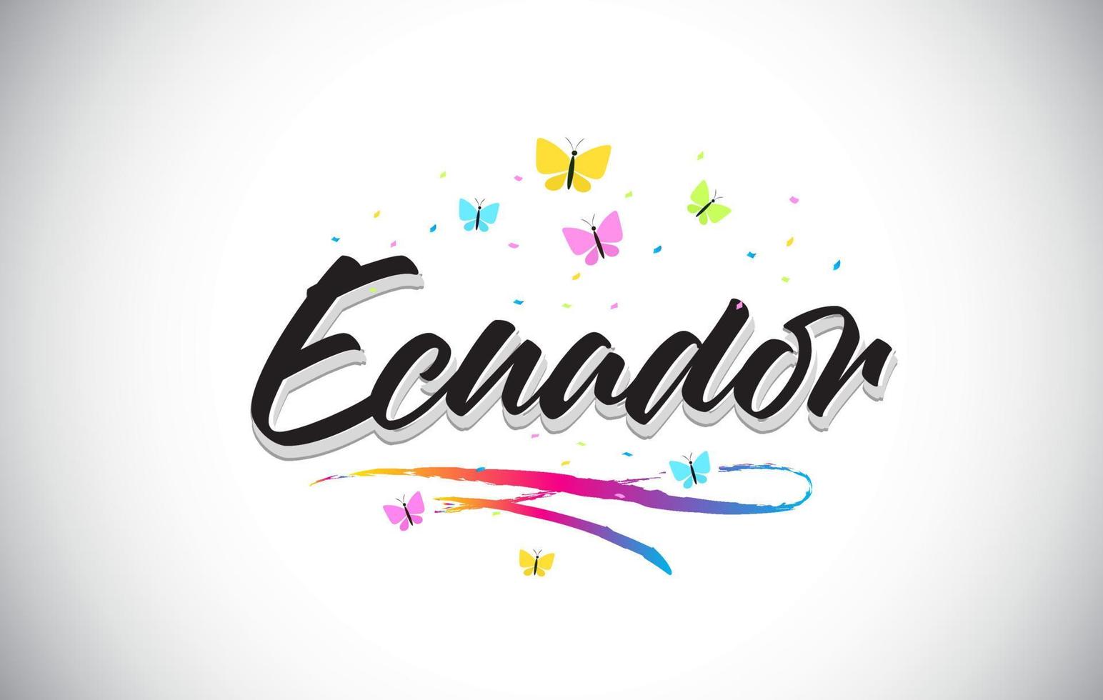 Ecuador texto manuscrito de word de vector con mariposas y colorido swoosh.