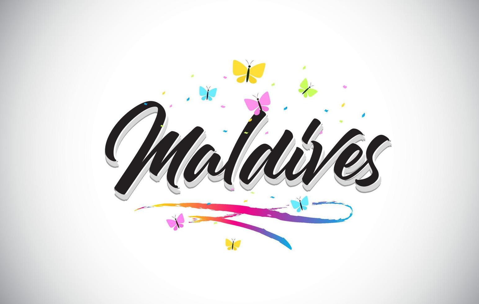 Maldives Handwritten Vector Word Text with Butterflies and Colorful Swoosh.