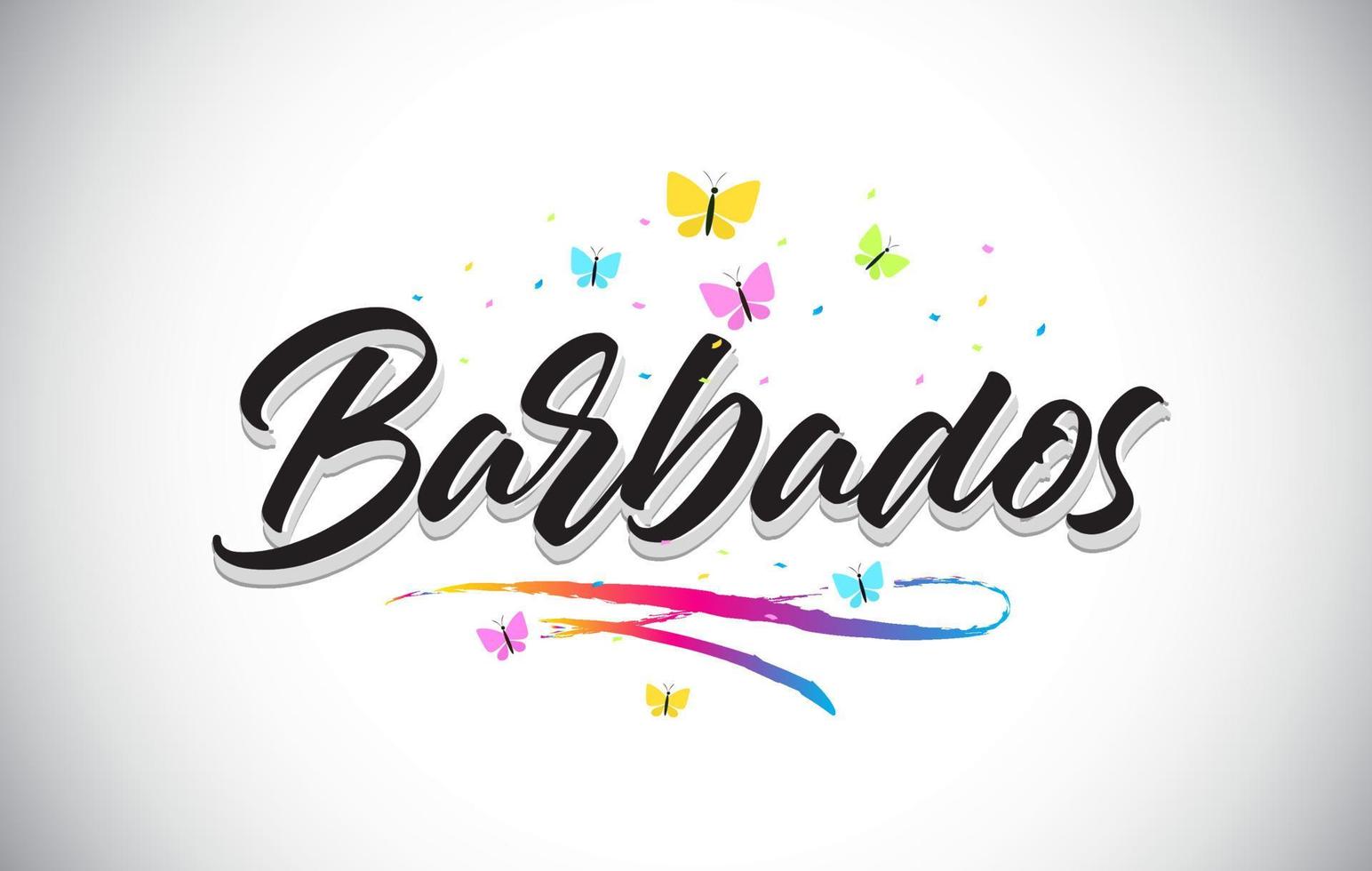 Barbados Handwritten Vector Word Text with Butterflies and Colorful Swoosh.