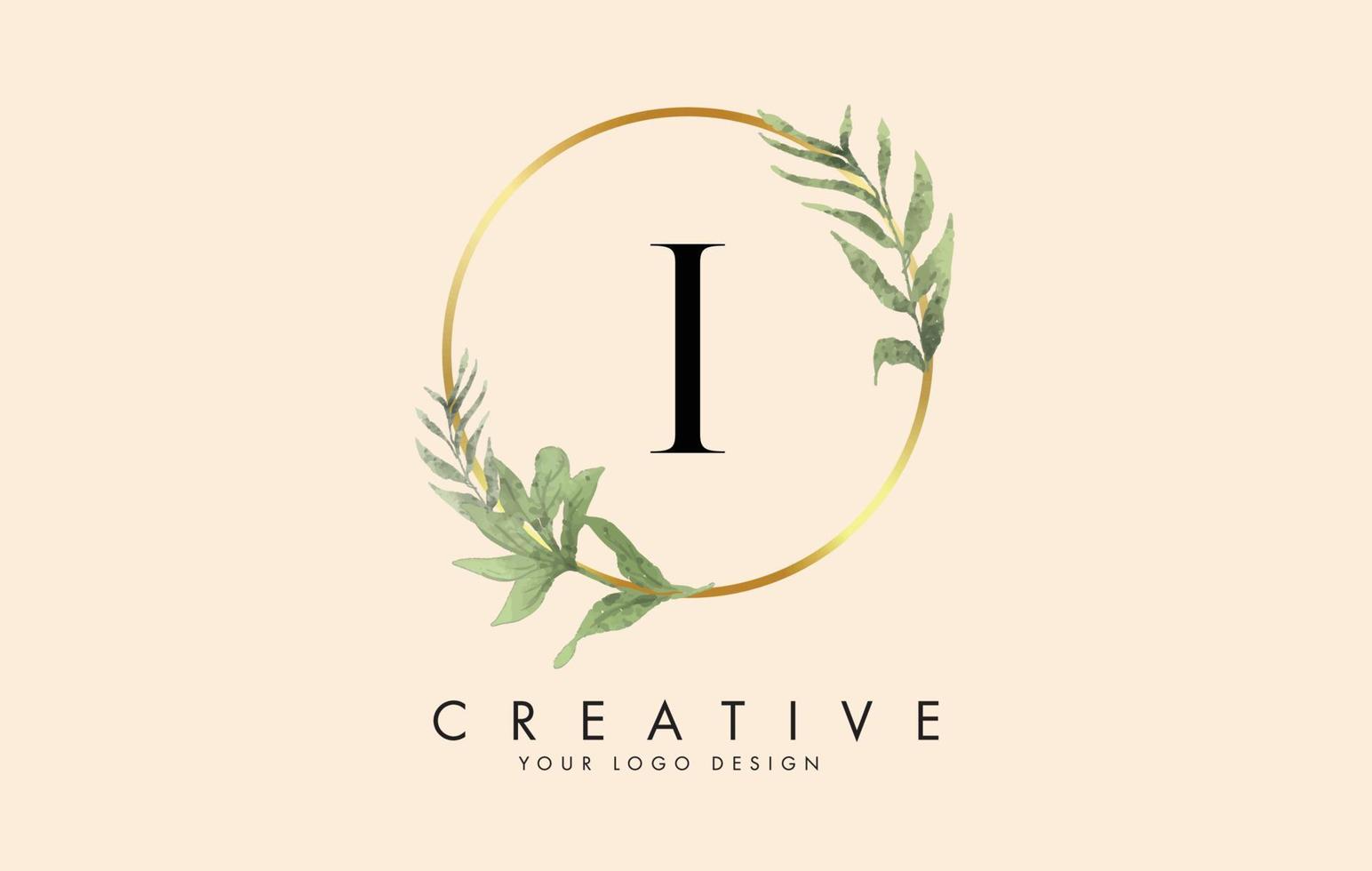 I Letter logo design with golden circles and green leaves on branches around. Vector Illustration with I letter.
