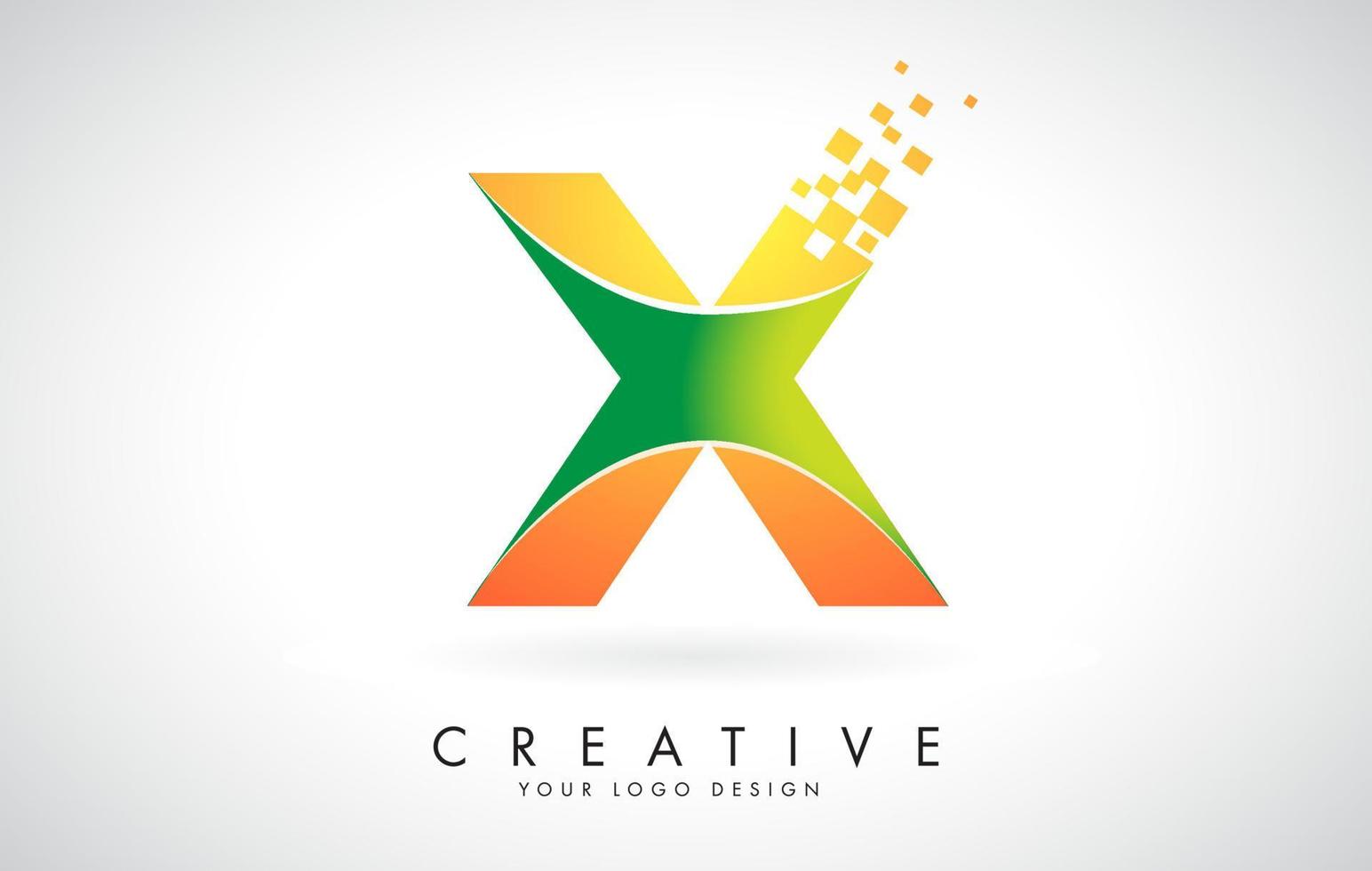 Letter X Logo Design in Bright Colors with Shattered Small blocks on white background. vector
