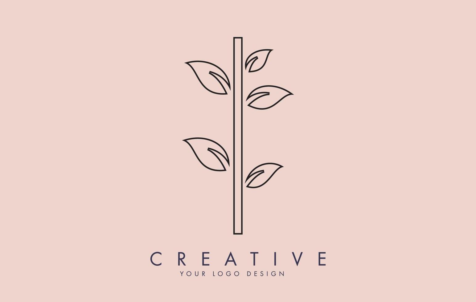 Outline Leaf Letter I Logo Design with Leaves on a Branch and Pink Background. Letter I with nature concept. vector