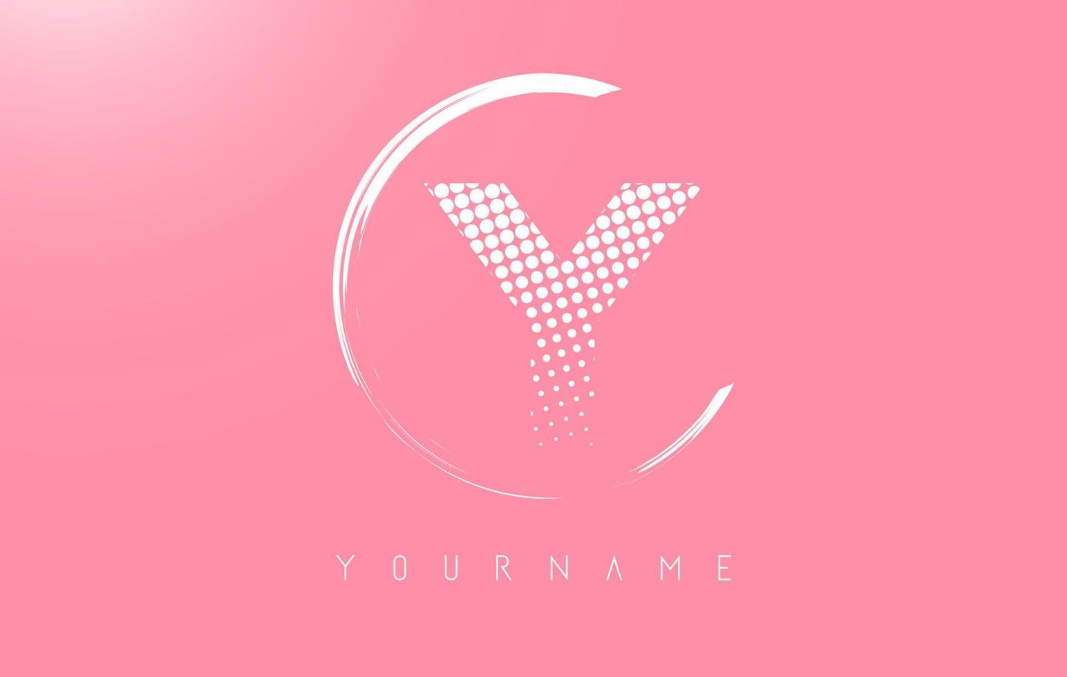 White Y letter logo design with white dots and white circle frame on pink background. vector