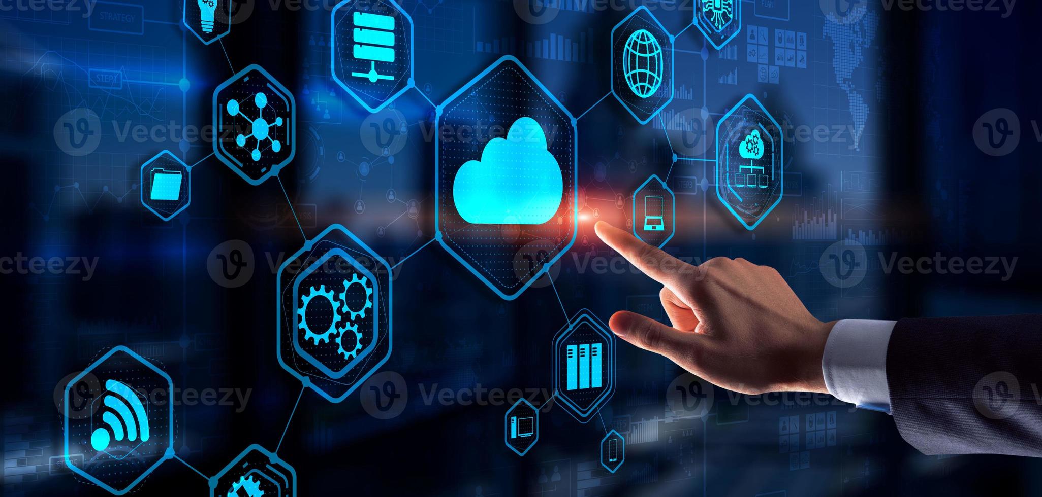 Futuristic Display. Cloud computing touchscreen interface business man finger touch cloud photo