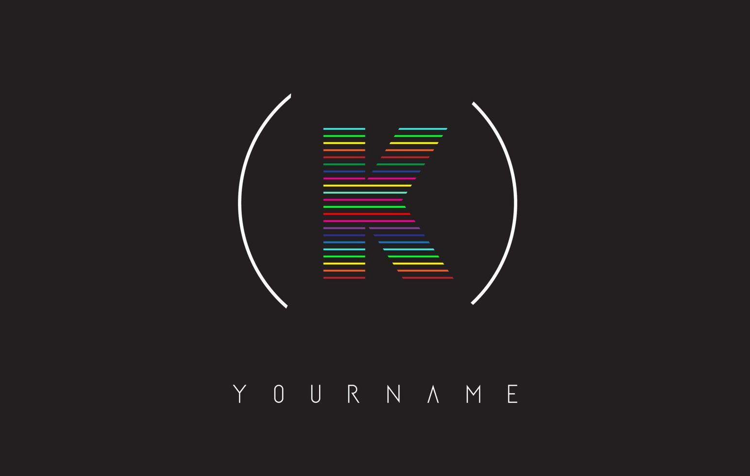 K Letter logo design with bright and bold rainbow lines and rounded frame. vector